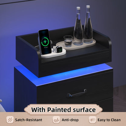 Nightstand Tray-Top Two-Drawer Bedside Table with Charging Station, LED Light and Black or White Finish