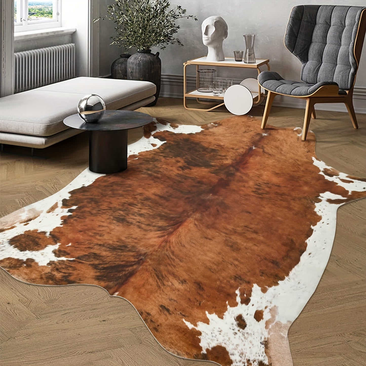 Area Rug Faux Cowhide Animal Print in Nine Colors and Two Washable Western-Style Room Sizes