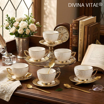 Espresso Cups Set 12 Pcs – 7.44 Oz Small Ceramic Cappuccino Cup Set with 6 Cups, 6 Trays & 6 Spoons – Elegant Coffee & Tea Cup Set with Handles – Perfect Gift for Coffee Lovers