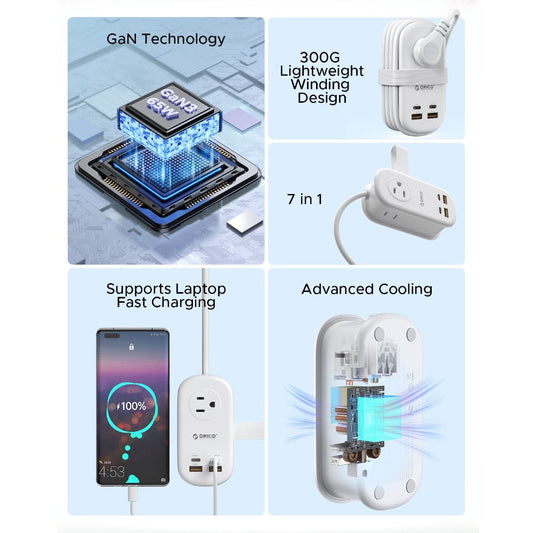 GaN 65W Portable Power Strip Fast Charging - 3 AC Outlets, 2 USB-C & 2 USB-A Ports, Flat Plug, 50-inch Cable, Compact Travel Charging Station for Laptop Tablet Phone Home Office Studio
