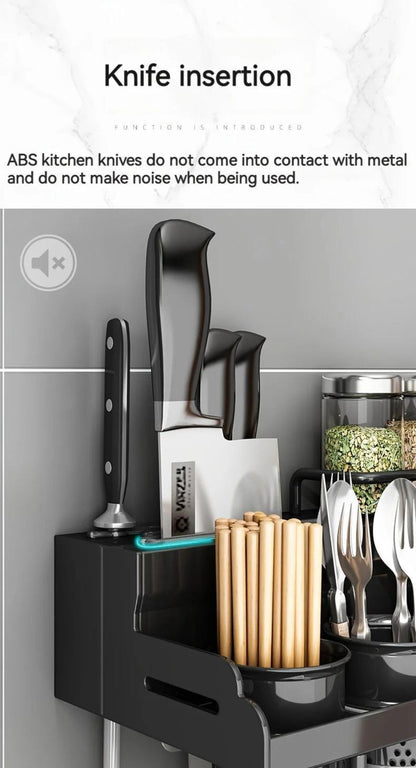 Kitchen Wall Mounted Storage Rack Double Layer – No-Drill Organizer with Knife Slots, Chopstick Holder & Towel Bar, Space-Saving Floating Shelf for Kitchen Counter, 19.69 Inch (Black)