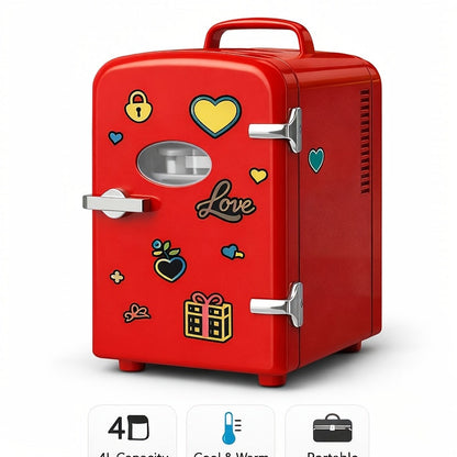 Aesthetic Mini Fridge 4 Liter with Stickers - Portable Cooler and Warmer for 6 Cans, AC/DC Compact Refrigerator for Bedroom, Office, Dorm & Car, Cute Mini Fridge Gift for Friends, Black Pink Red