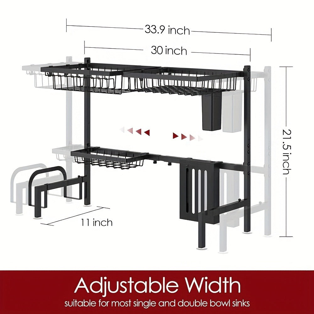 Over-Sink Dish Drying Rack Kitchen Organizer, 30-33.9-Inch Two-Tier Frame with Seven Removable Accessories