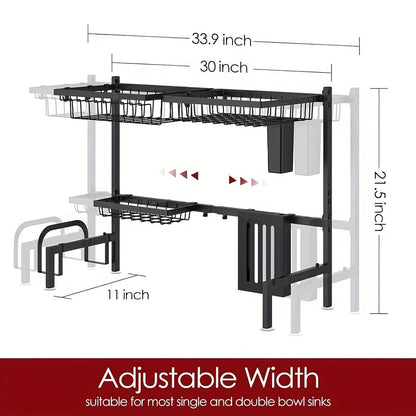 Over-Sink Dish Drying Rack Kitchen Organizer, 30-33.9-Inch Two-Tier Frame with Seven Removable Accessories
