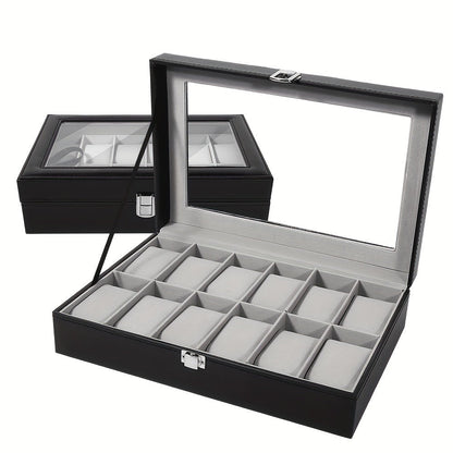 Black and Gray 12-Slot Watch Box with Glass Display Lid, Removable Pillows and Metal Clasp