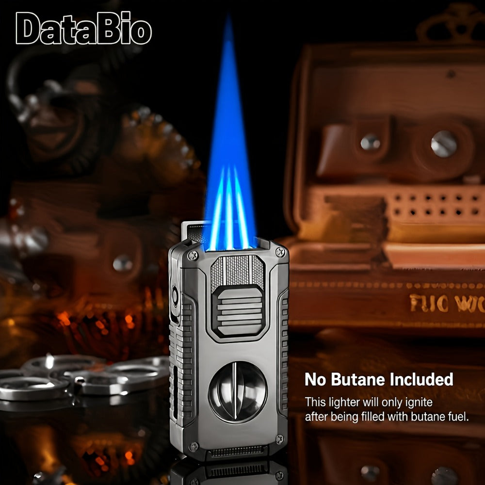 Three-Jet Refillable Butane Lighter with Fuel Window, Cigar Cutter, Punch and Needle Tools