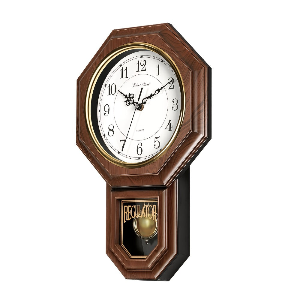 Two-Piece Octagonal Pendulum Wall Clock Set with 30 x 45 cm Frame and Brown or Mahogany-Colored Finish