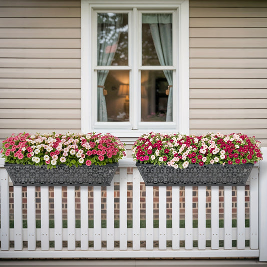 Window Box Planter 24 Inch with Coco Liner Adjustable Railing Brackets Cast Iron Flower Box for Porch Fence Balcony Patio Outdoor Garden Decor 2 Pack