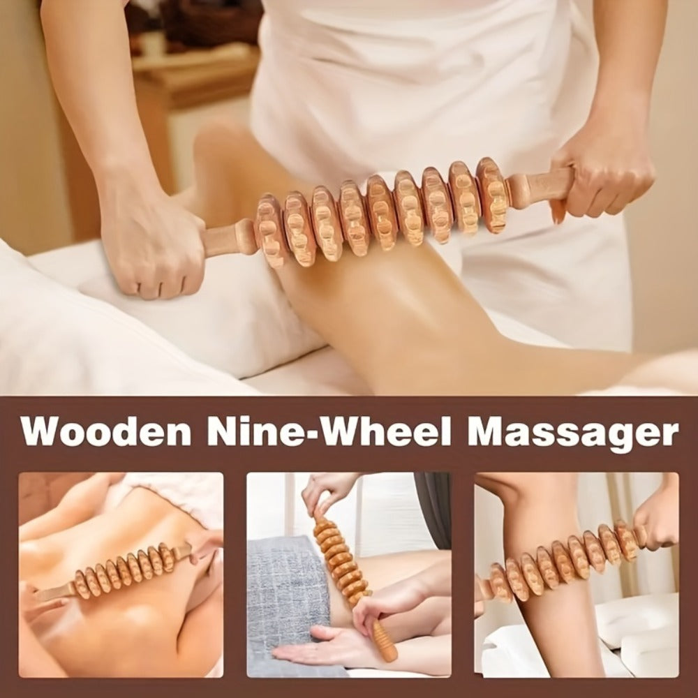 Wooden Manual Massage Tool Set, Six-Piece Roller and Scraping Kit with Textured Heads for Face, Neck and Body