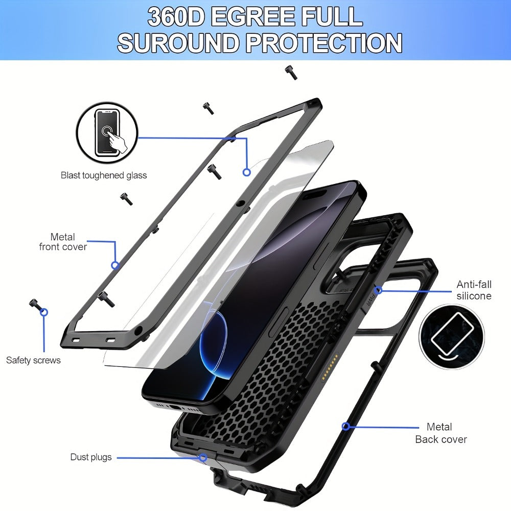 Metal Silicone Heavy Duty iPhone Case Full Body Protection – Anti-Drop Dustproof Shockproof Cover for iPhone 11 12 13 14 15 16 17 Air Plus Pro Pro Max | High-End Fashion Design