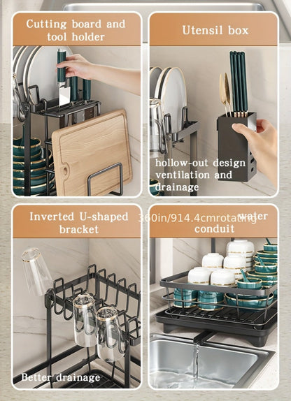 Two-Tier Dish Drying Rack, Metal Countertop Organizer with Cutlery Holder, Cup Holder and Drip Tray