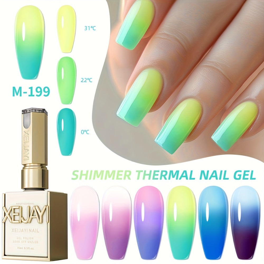 Gel Nail Polish Thermal 6-Color Set with Heat-Reactive Glitter, Frame Bottles and UV/LED Cure