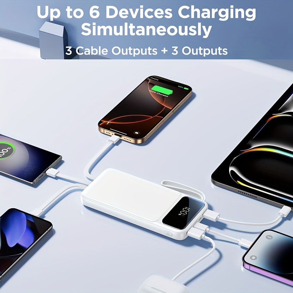 20000mAh Power Bank with Four Built-In Cable Leads, 20W Marking, Percentage Display and Three Colors