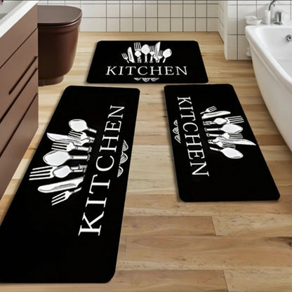 Kitchen Mat Set, 3-Piece Black Alphabet, Knife and Fork Pattern Rugs with Printed Wash-Care Instructions