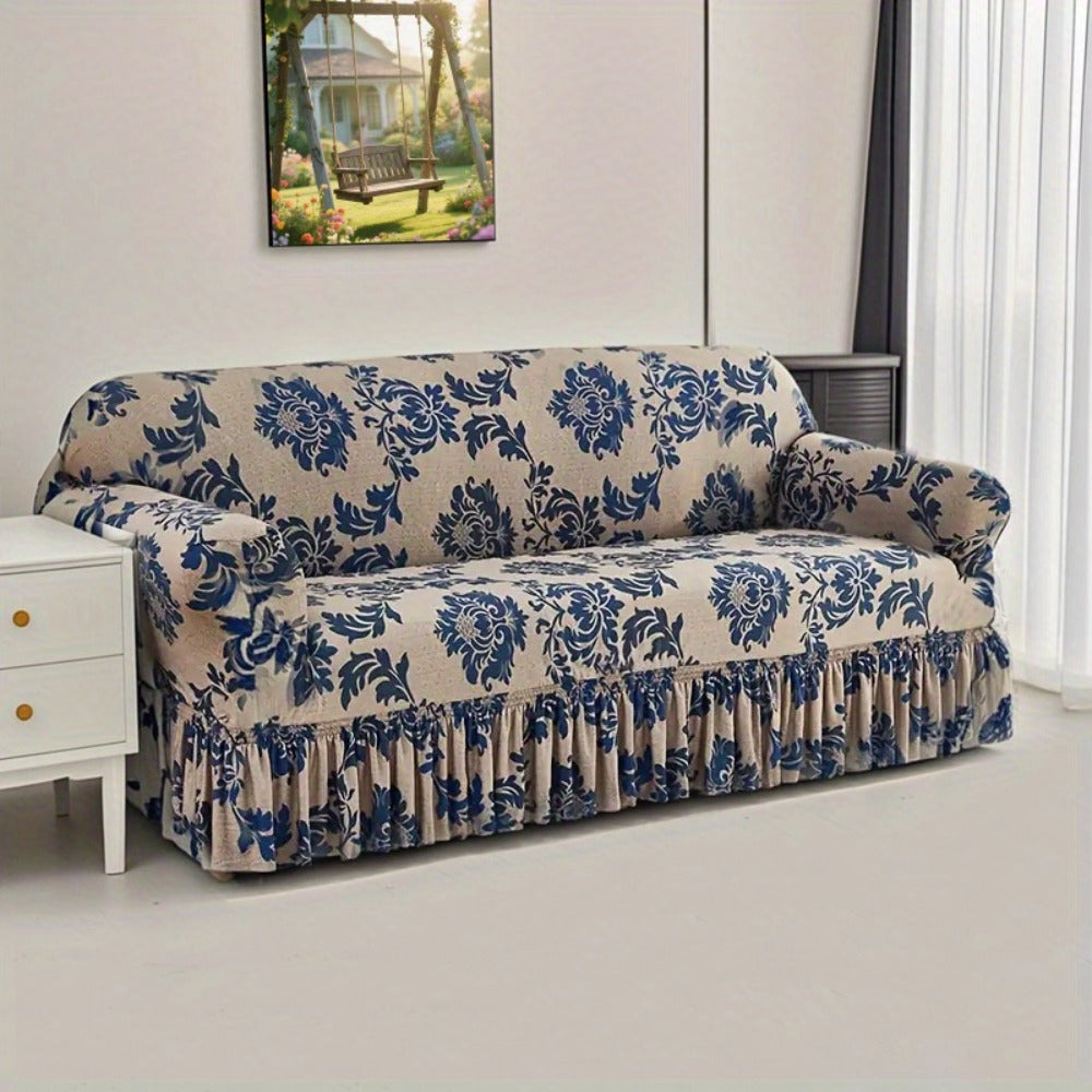 Sofa Slipcover, Dark Blue Stretch Cover with Ruffle Skirt, Fixed Rod and One-to-Four-Seat Options