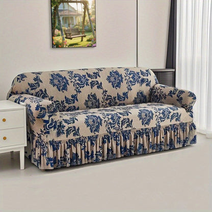 Sofa Slipcover, Dark Blue Stretch Cover with Ruffle Skirt, Fixed Rod and One-to-Four-Seat Options