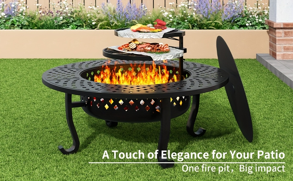 Fire Pit 43 Inch with 2 Cooking Grills & Lid Outdoor Wood Burning Firepit Round Metal Table for Backyard Patio Garden Camping Bonfire