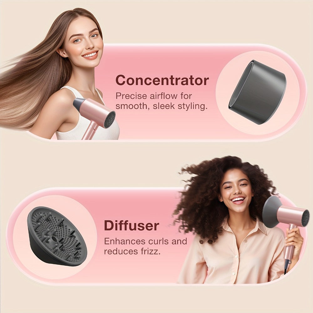 1875W Ionic Travel Hair Dryer Foldable with Diffuser & Concentrator Nozzle — Brushless Motor, 3 Heat Settings, 2 Speeds, Fast Drying Compact Blow Dryer for All Hair Types, Pink or Gray