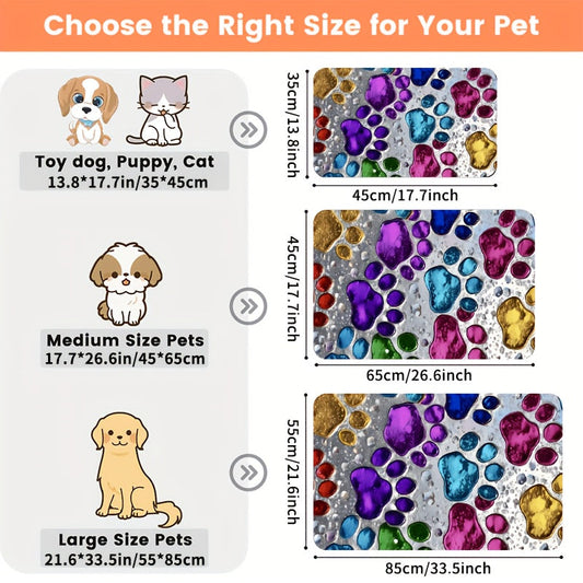 Pet Feeding Mat – Absorbent & Splash-Proof Dog & Cat Food Bowl Mat, Non-Slip Quick-Dry Heavy-Duty Floor Protector for Hardwood & Carpet, Colorful Paw Pattern, Ideal for Messy Eaters & Multi-Pet Homes | S M L XL