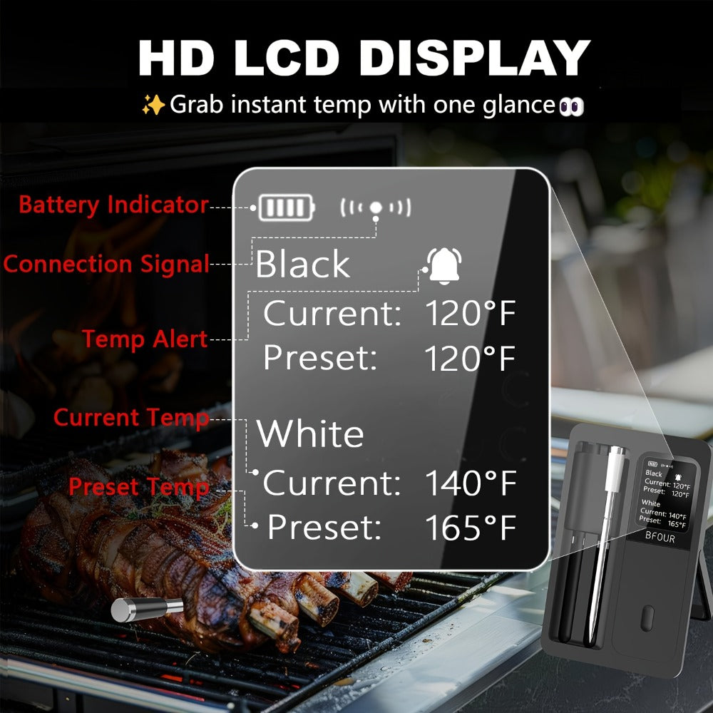 BFOUR BF-40 Wireless Cooking Thermometer with Dual Probes, App Display, Base Screen and USB Charging