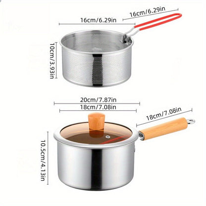 Stainless Steel Deep Fryer Pot Set with Frying Basket & Glass Lid, Non-Stick Multi-Function Cookware for Deep Frying, Noodles, Steaming & Ricotta, Induction & Gas Compatible