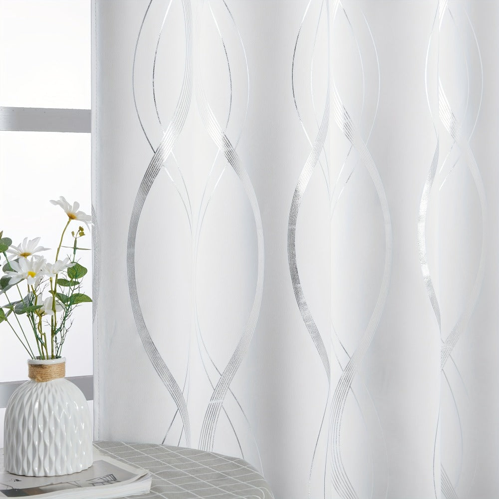 Two-Panel Wave-Line Foil Print Blackout Curtains in 10 Colors with 42- or 52-Inch Width Options