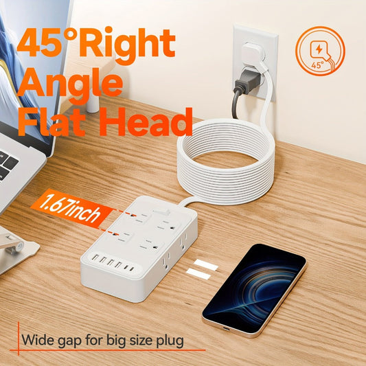 One-Touch Switch Desk Charging Station 14-in-1, 8 Widely Distributed AC Outlets & 6 USB Ports (4 USB-A + 2 USB-C), Surge Protection, Compact Portable Power Strip for Home Office Desktop – Safe & Organized