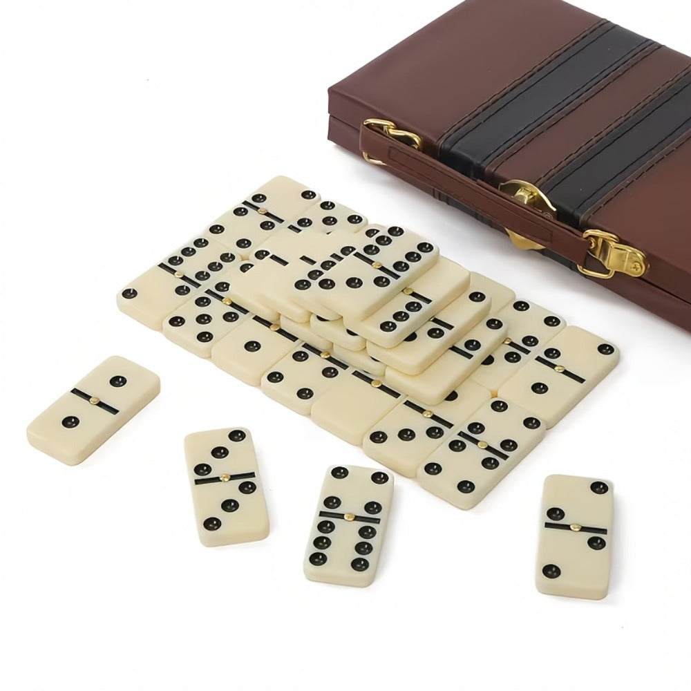 Double-Six Domino Set with 28 Ivory-Style Tiles, Metal Spinners and Brown Storage Case in One or Two Packs