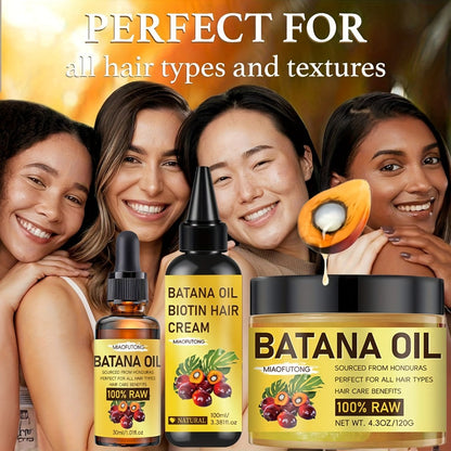 Batana Oil Hair Care Kit 3pcs — Pure Cold-Pressed Honduran Battana Hair Cream, Hair Oil & Essential Oil, Repairs Damage & Adds Shine, Nourishes Scalp, All Hair Types