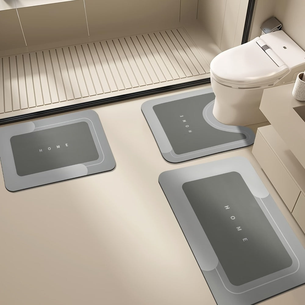 Three-Piece Polyester Bath Mat Set with Rectangular and Contour Rugs in Black Gray, Light Blue or Light Grey