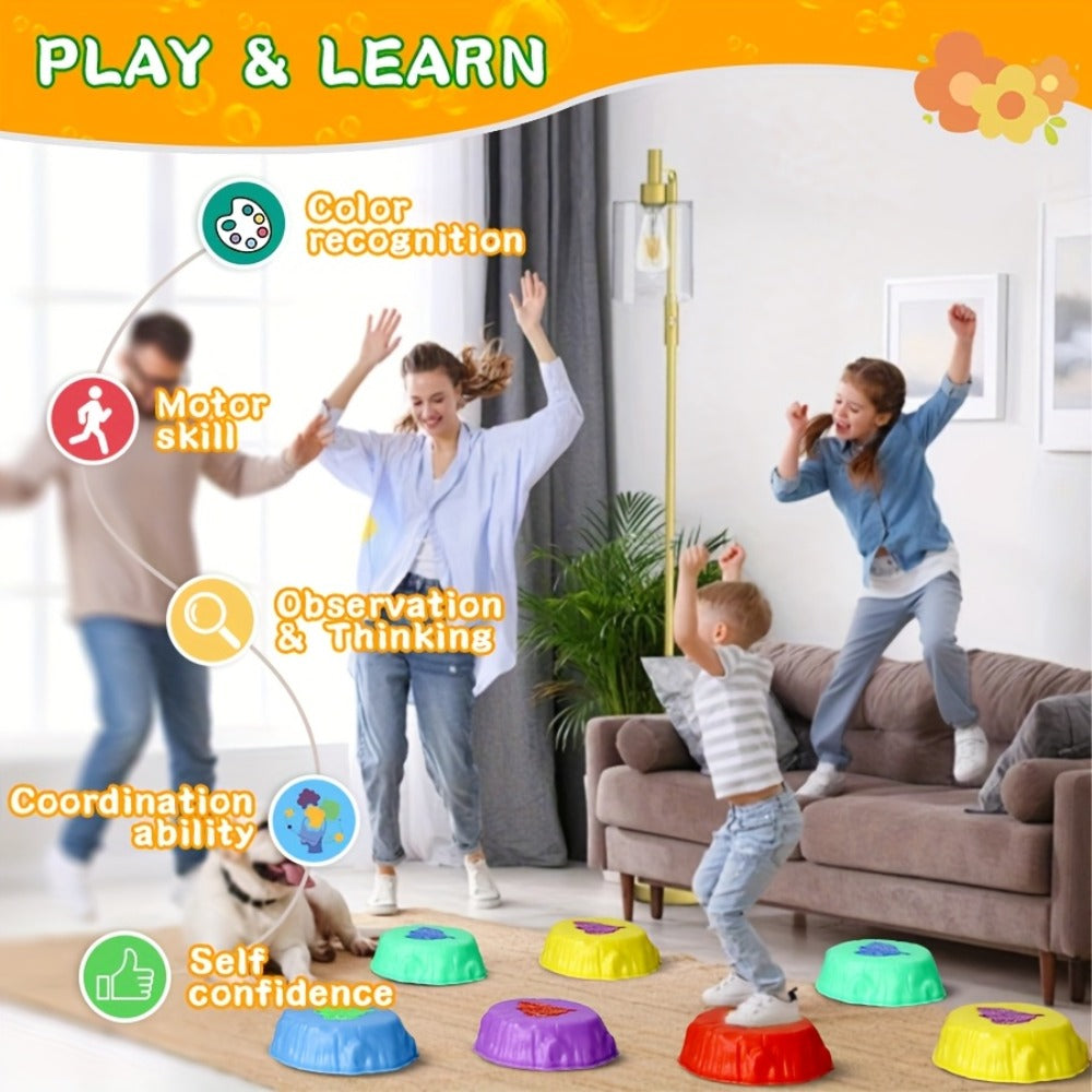 10-Piece Light-Up Stepping Stone Set in Five Colors with Raised Leaf Texture for Indoor or Outdoor Balance Play