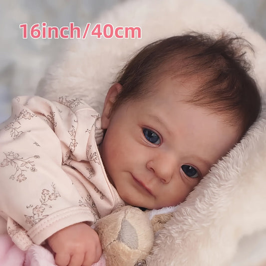 Reborn Baby Doll 16-Inch Cloth Body with Vinyl Limbs, Rooted Brown Hair, Open Eyes and Pink Outfit Set