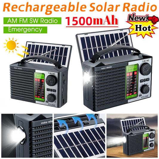 Emergency Solar Hand Crank Radio 5-in-1 with Dual Speaker, FM AM SW VHF, MP3 USB TF Card Player, 180° Foldable Solar Panel, LED Flashlight, Portable for Camping Power Outages Survival