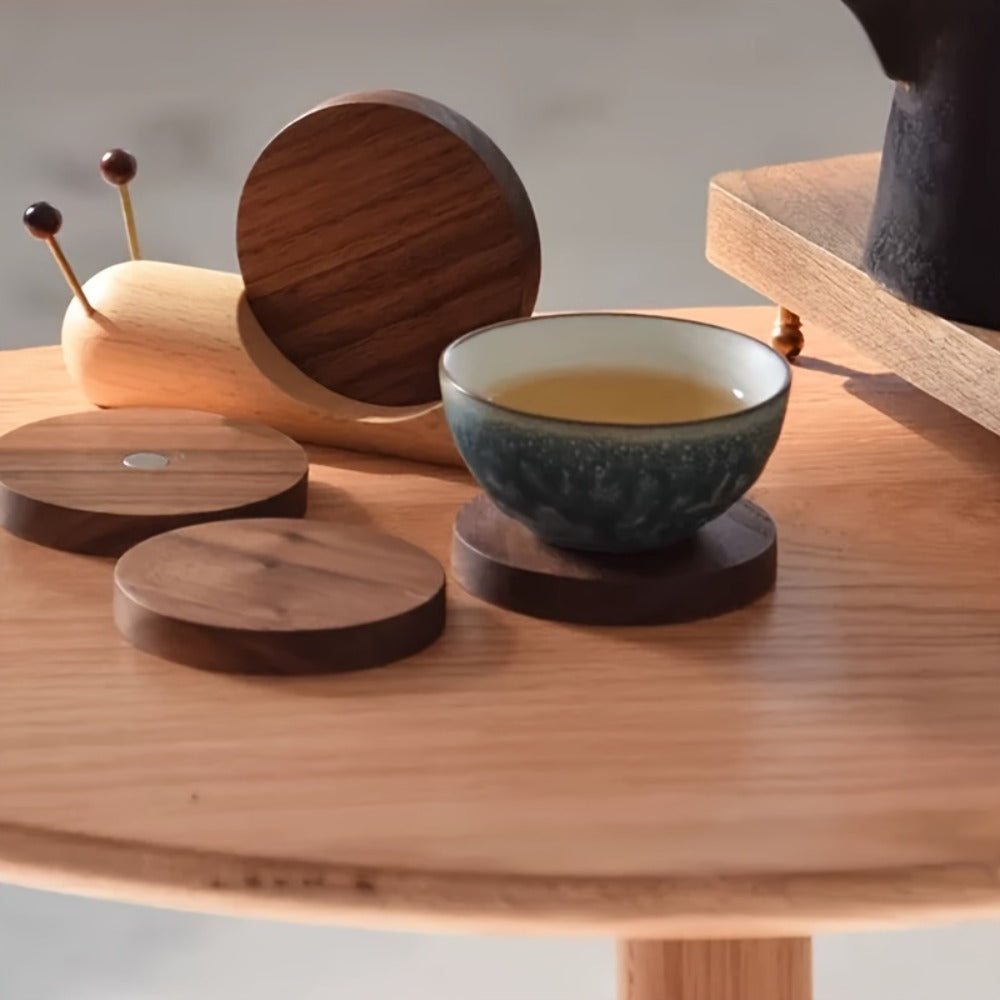 Snail-Shaped Wooden Desk Coaster with Round Walnut-Look Pad and Natural Wood Holder, One-Piece Option