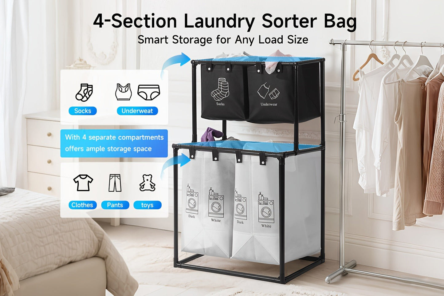 Two-Tier Laundry Sorter Hamper with Upper Compartments, Four Removable Lower Bags and Elevated Frame