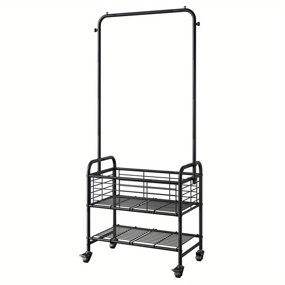 Rolling Laundry Basket Cart with 70.25-Inch Hanging Rail, Two Shelves, Four Casters and White, Black or Silver Frames