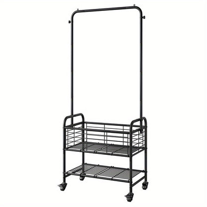 Rolling Laundry Basket Cart with 70.25-Inch Hanging Rail, Two Shelves, Four Casters and White, Black or Silver Frames