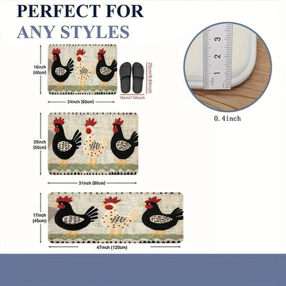 Rooster Print Door Mat with Light Striped Field and Fringed-Look Border in Three Rectangles or One Runner