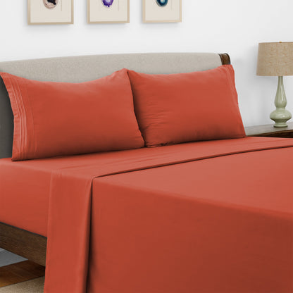 Bed Sheet Set Microfiber with Size-Dependent 3- or 4-Piece Contents and Six Documented Bed Dimensions