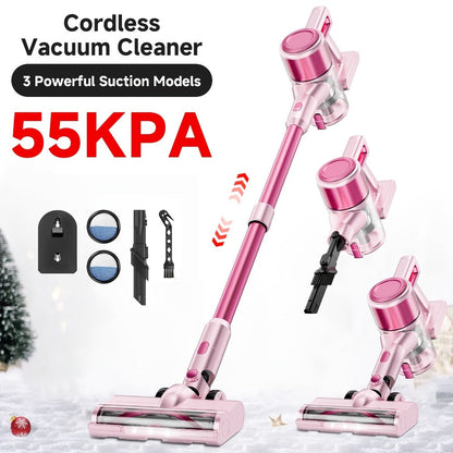 Cordless Vacuum Cleaner 55KPa 8-in-1 Stick Vacuum with LED Light 180° Swivel Lightweight Wireless for Hardwood Carpet Pet Hair Stairs Car Sofa Home Office