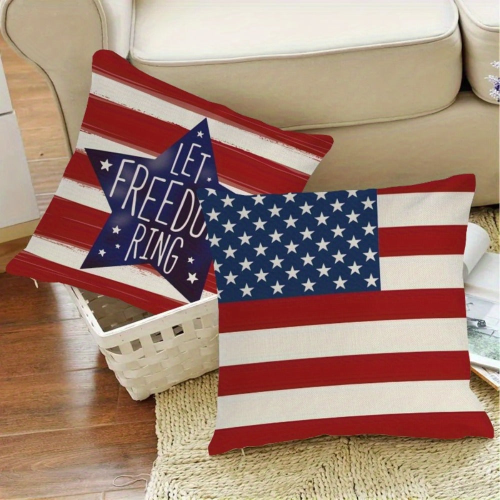 Four-Piece Patriotic Pillow Cover Set with Stars and Stripes Prints in Red, White and Blue