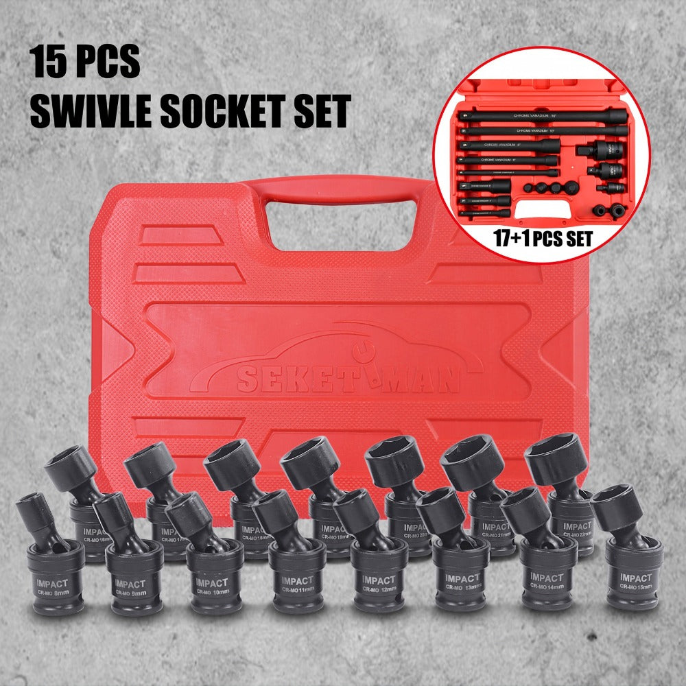 Impact Socket Set 3/8" Drive, 15-Piece Swivel Impact Universal Socket Set & 17+1 Piece Accessory Set, 8mm-22mm Cr-Mo Steel with Black Phosphate Finish, Professional Tool Kit for Home & Auto Repair