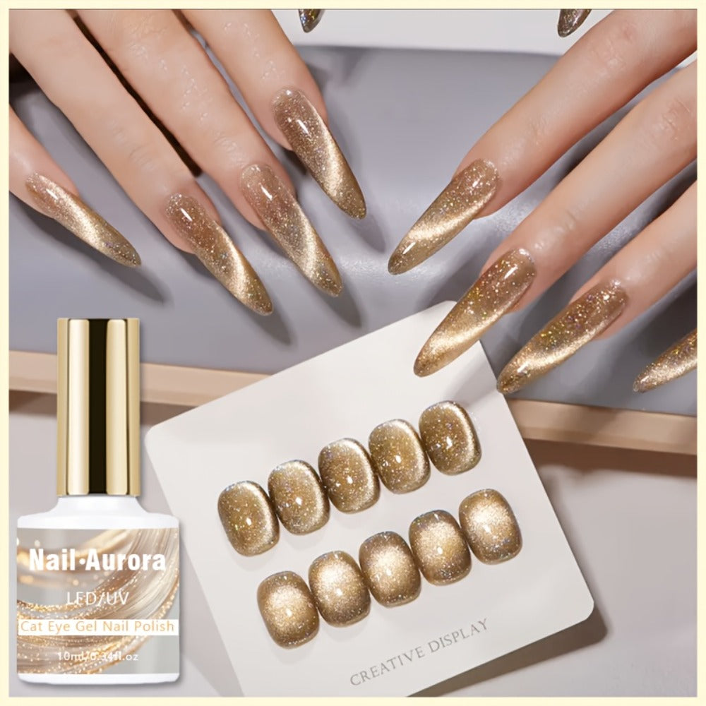 10ml Golden Glitter Cat Eye Gel Polish with Magnetic Color Effect and UV/LED Lamp Curing Label