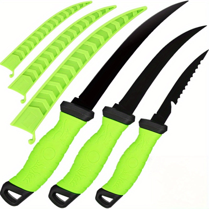 Three-Piece Stainless Steel Fishing Knife Set with 4.5 to 6.5 Inch Green-Handled Fillet Blades