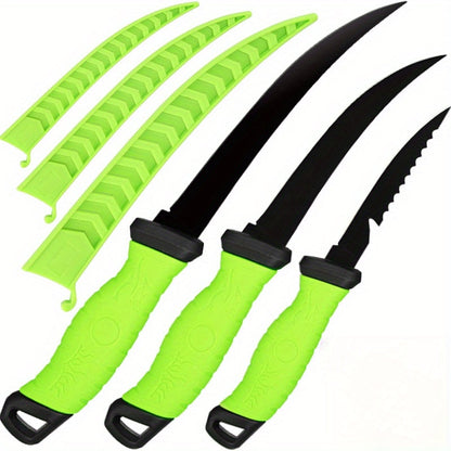 Three-Piece Stainless Steel Fishing Knife Set with 4.5 to 6.5 Inch Green-Handled Fillet Blades