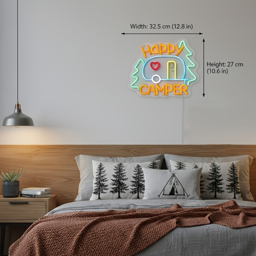 Happy Camper Multicolor LED Neon Sign with RV Motif, 32.5 x 27 cm Panel and Wall-Mount Display