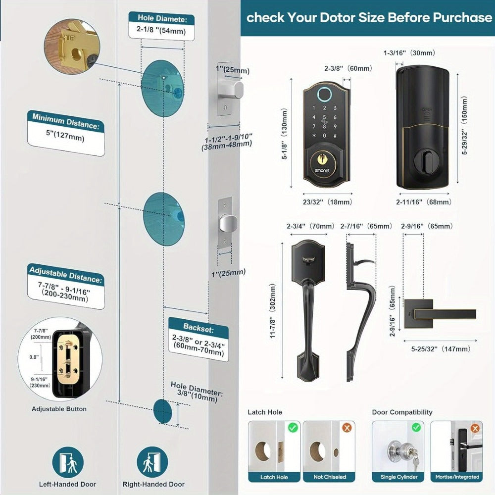 Smart Door Lock SMONET Fingerprint Keypad Bluetooth Deadbolt Handle Set in Bronze Black or Silver