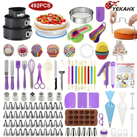 Cake Decorating Set 492pcs with Rotating Turntable Piping Bags Frosting Tips Professional Baking Supplies Kit for Beginners and Bakers