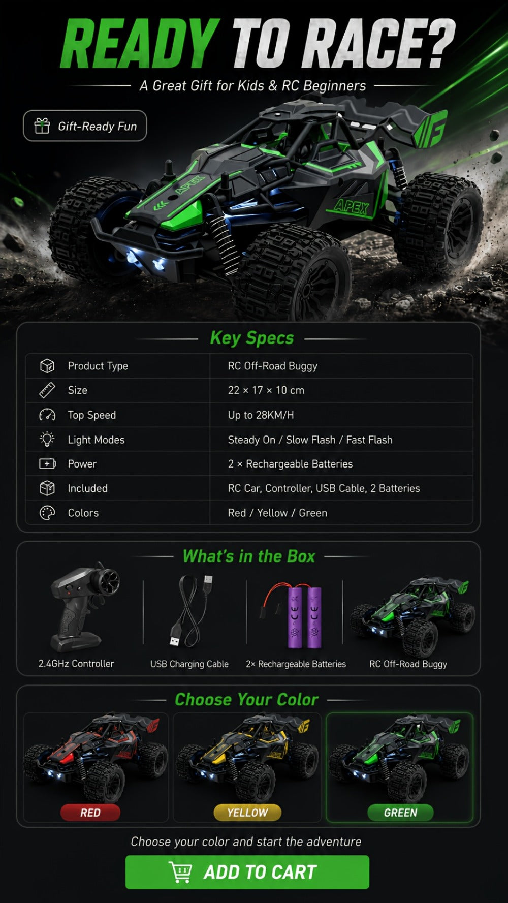 Remote Control Car, 1:20 Scale 4WD Monster Truck with Fast & Furious Green, Speed Yellow or Raffa Red Styles