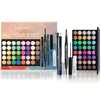 Complete Eye Makeup Kit 40 Color Eyeshadow Palette with Mascara Eyeliner Eyebrow Pencil & Brush — Matte Shimmer Glitter Pigmented